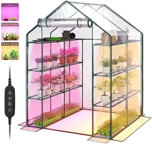Walk-in indoor greenhouse with grow lights