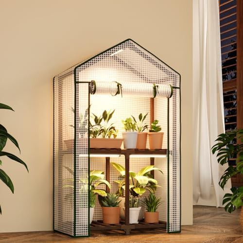Indoor greenhouse with adjustable white shelves